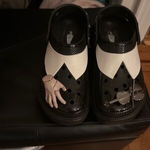 Wednesday Addams black and White platform crocs with Hand and Violin Accents